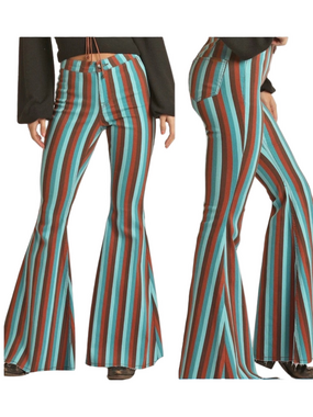 🐕‍🦺Rock&Roll High-Rise Striped Flare Pants in Teal & Brown size 25X32 NWOT